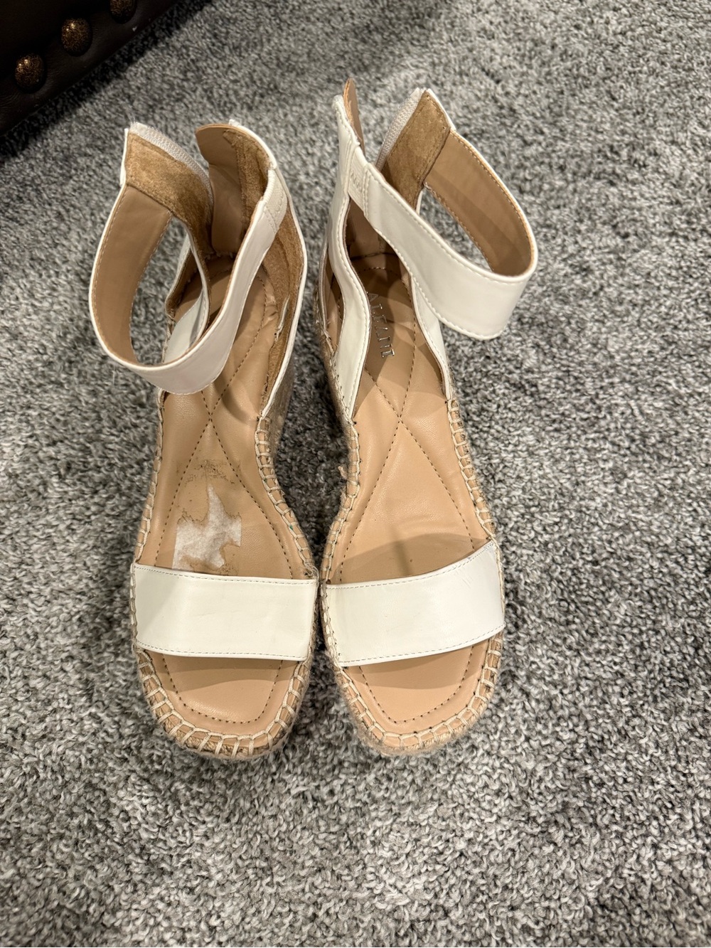 Cute white platform wedge sandals with ankle straps and zip closure